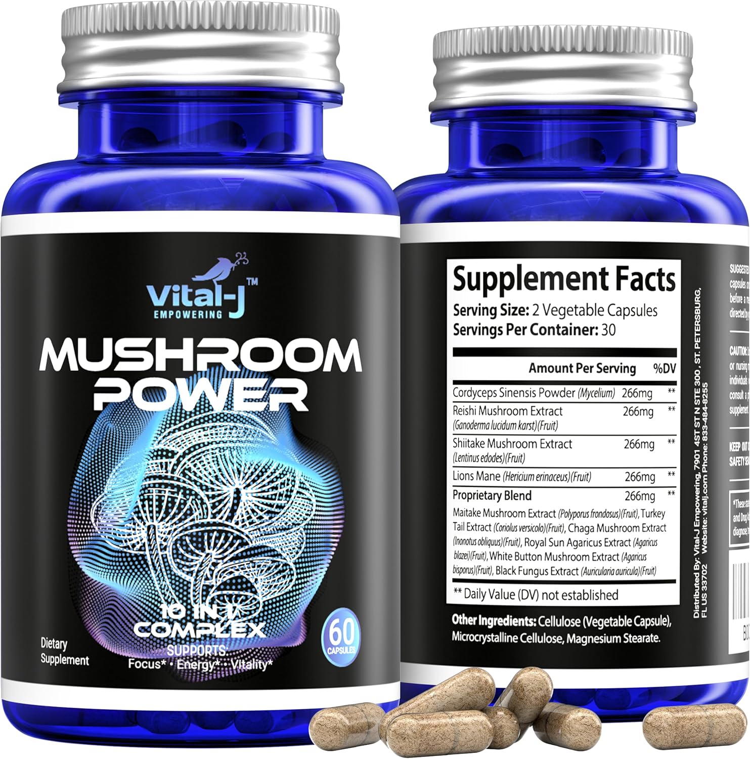 10-in-1 Mushroom Power Complex with Cordyceps, Reishi, Shiitake & Lions Mane - Nootropic Dietary Supplement for Gut Health, Focus, Energy & Vitality - 60 Capsules