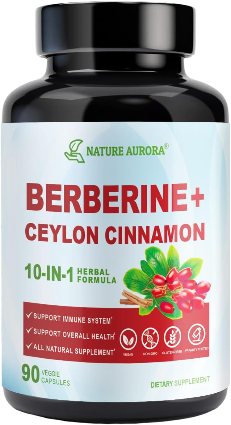 10-in-1 Nature Aurora Berberine Supplement with Ceylon Cinnamon & Chromium Picolinate - 1000mg Per Serving - Supports Metabolism, Heart & Immune System - 90 Capsules