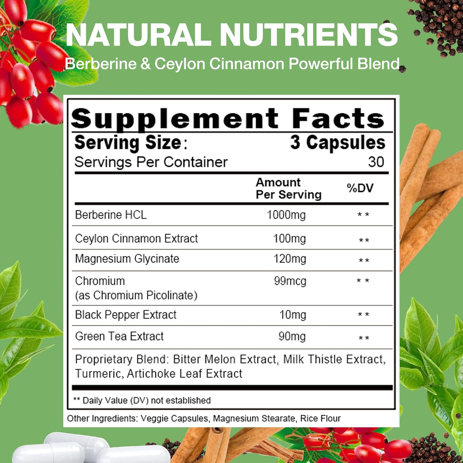10-in-1 Nature Aurora Berberine Supplement with Ceylon Cinnamon & Chromium Picolinate - 1000mg Per Serving - Supports Metabolism, Heart & Immune System - 90 Capsules