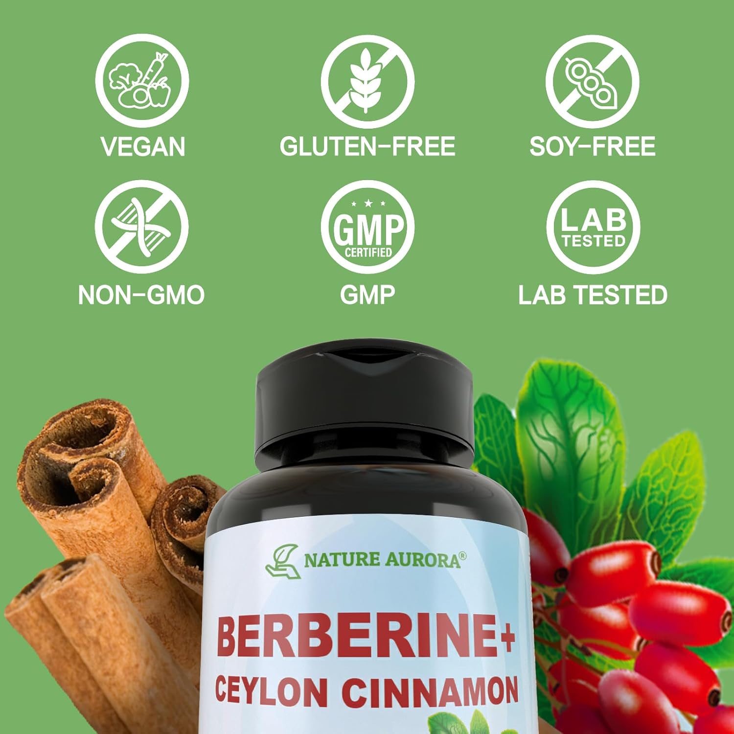 10-in-1 Nature Aurora Berberine Supplement with Ceylon Cinnamon & Chromium Picolinate - 1000mg Per Serving - Supports Metabolism, Heart & Immune System - 90 Capsules