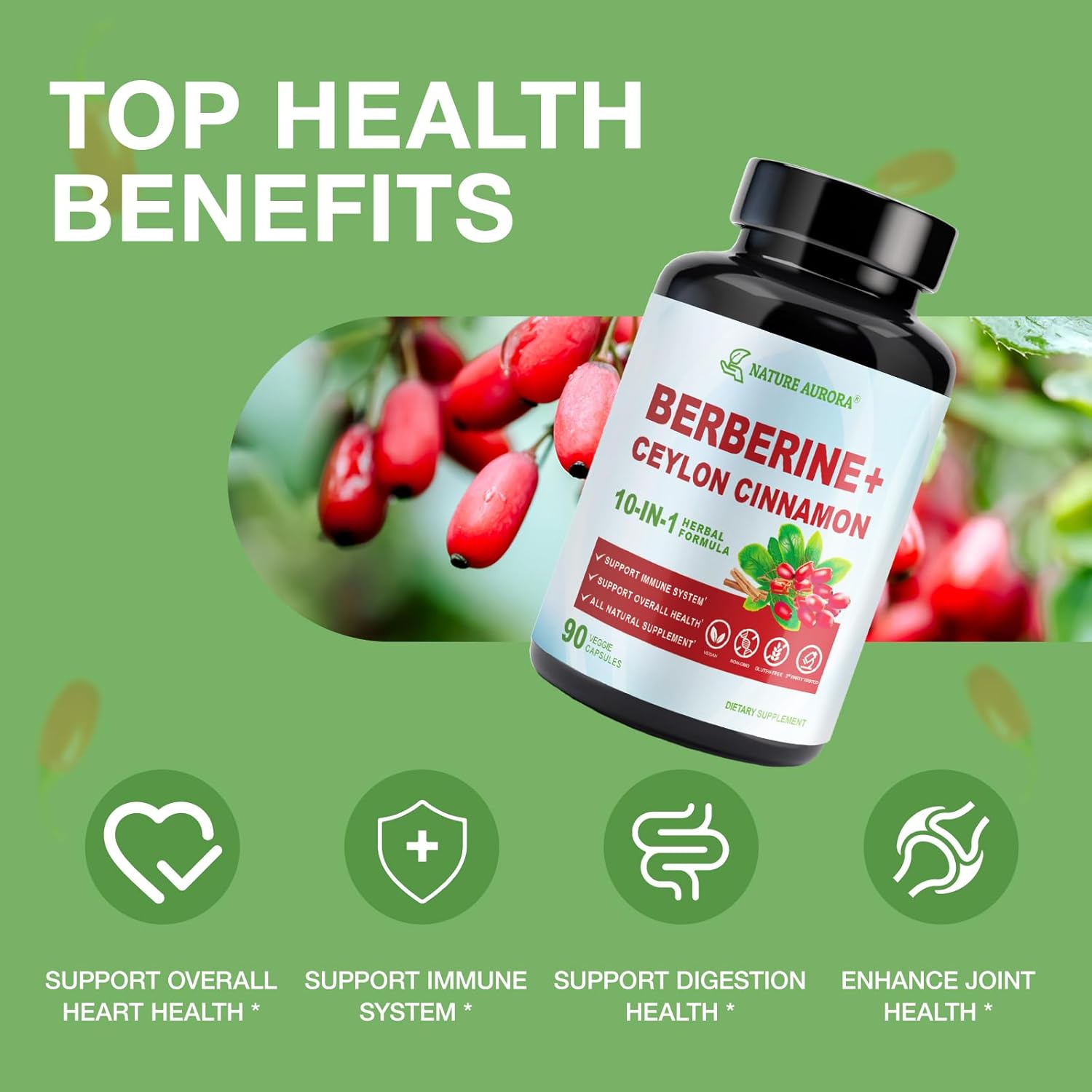 10-in-1 Nature Aurora Berberine Supplement with Ceylon Cinnamon & Chromium Picolinate - 1000mg Per Serving - Supports Metabolism, Heart & Immune System - 90 Capsules