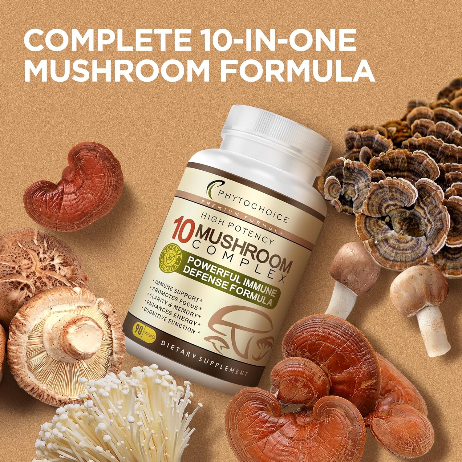 10 Mushroom Complex Nootropic Brain Supplement - Boost Brain Function with Lions Mane, Reishi, Cordyceps, Chaga, Turkey Tail - Memory, Focus, Energy Support - Immune Booster - 90 Capsules