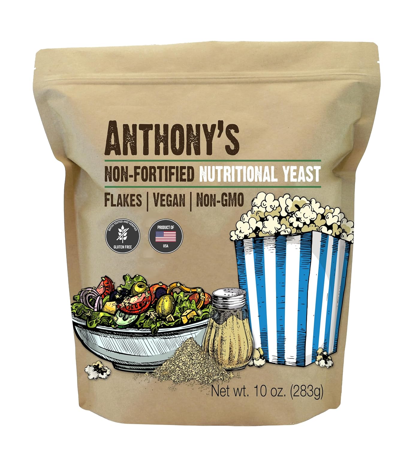 10 oz Anthony's Premium Nutritional Yeast Flakes - Non Fortified, Gluten Free, Non-GMO - Batch Tested