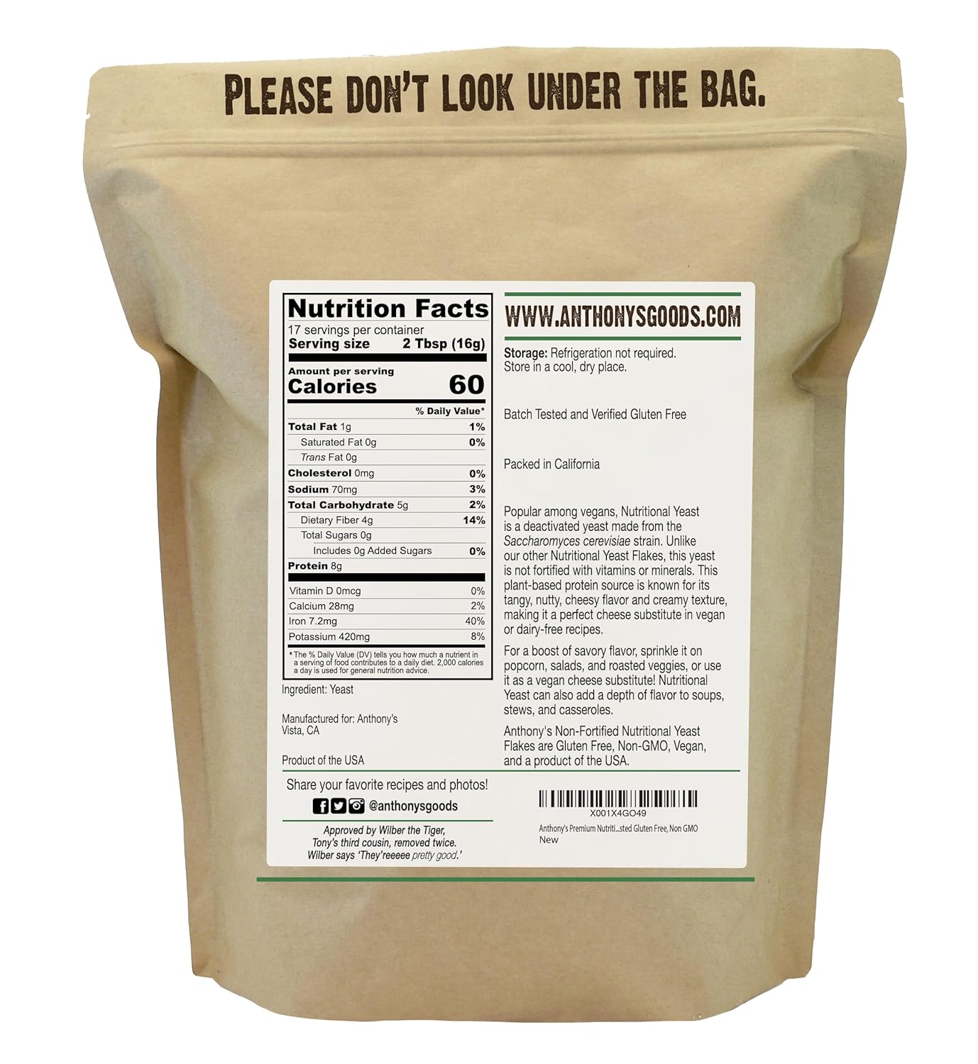 10 oz Anthony's Premium Nutritional Yeast Flakes - Non Fortified, Gluten Free, Non-GMO - Batch Tested