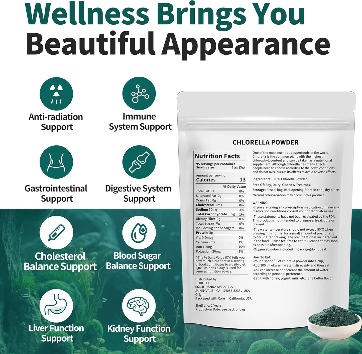 10 oz Hudetex Chlorella Powder: Vegan Protein with Chlorophyll for Immune & Liver Support, Youthful Skin & Rich in Vitamins