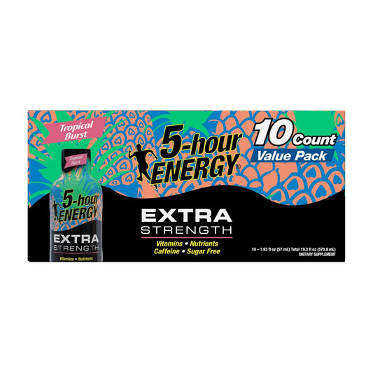 10 Pack of 5-hour Energy Shot Extra Strength, Tropical Burst Flavor - 1.93 Fl Oz Bottles
