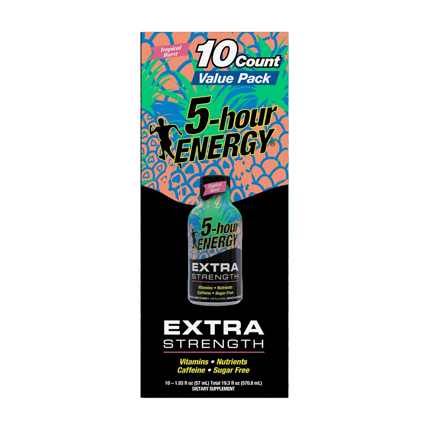 10 Pack of 5-hour Energy Shot Extra Strength, Tropical Burst Flavor - 1.93 Fl Oz Bottles