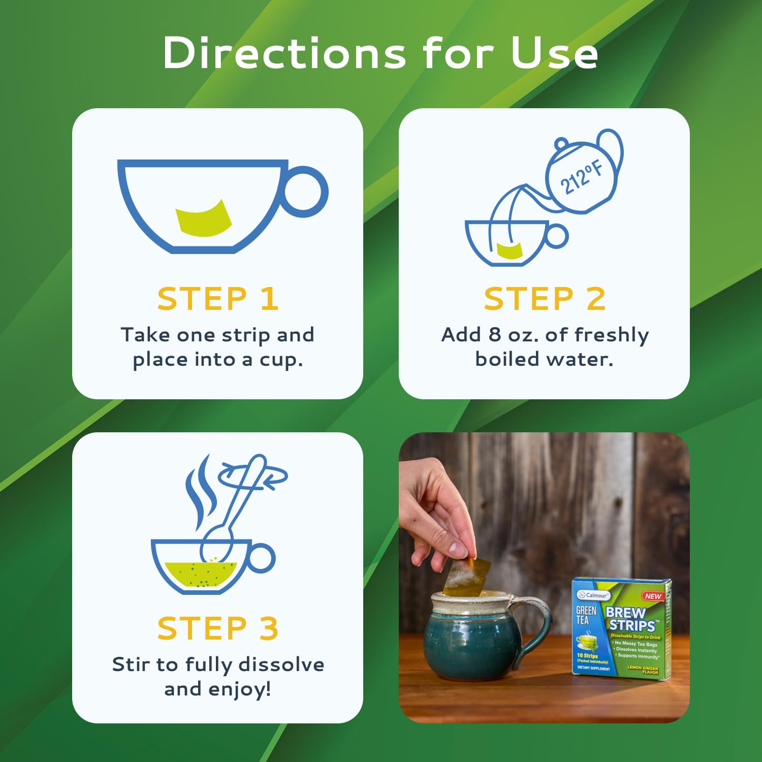 10 Pack of CALMOUR Natural Green Tea Extract Strips - On-The-Go Quick Dissolving Lemon Ginger Matcha Green Tea with Antioxidants