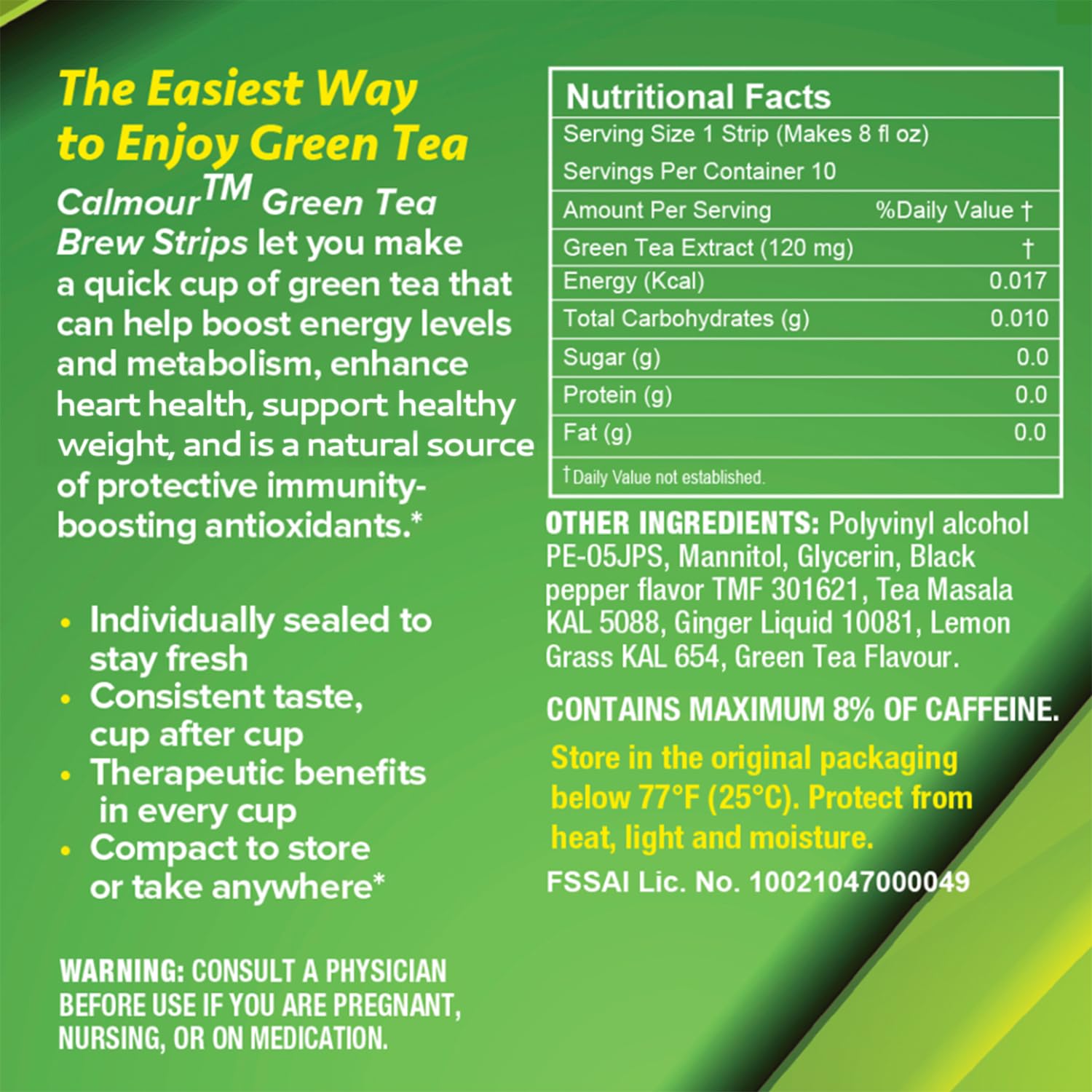 10 Pack of CALMOUR Natural Green Tea Extract Strips - On-The-Go Quick Dissolving Lemon Ginger Matcha Green Tea with Antioxidants