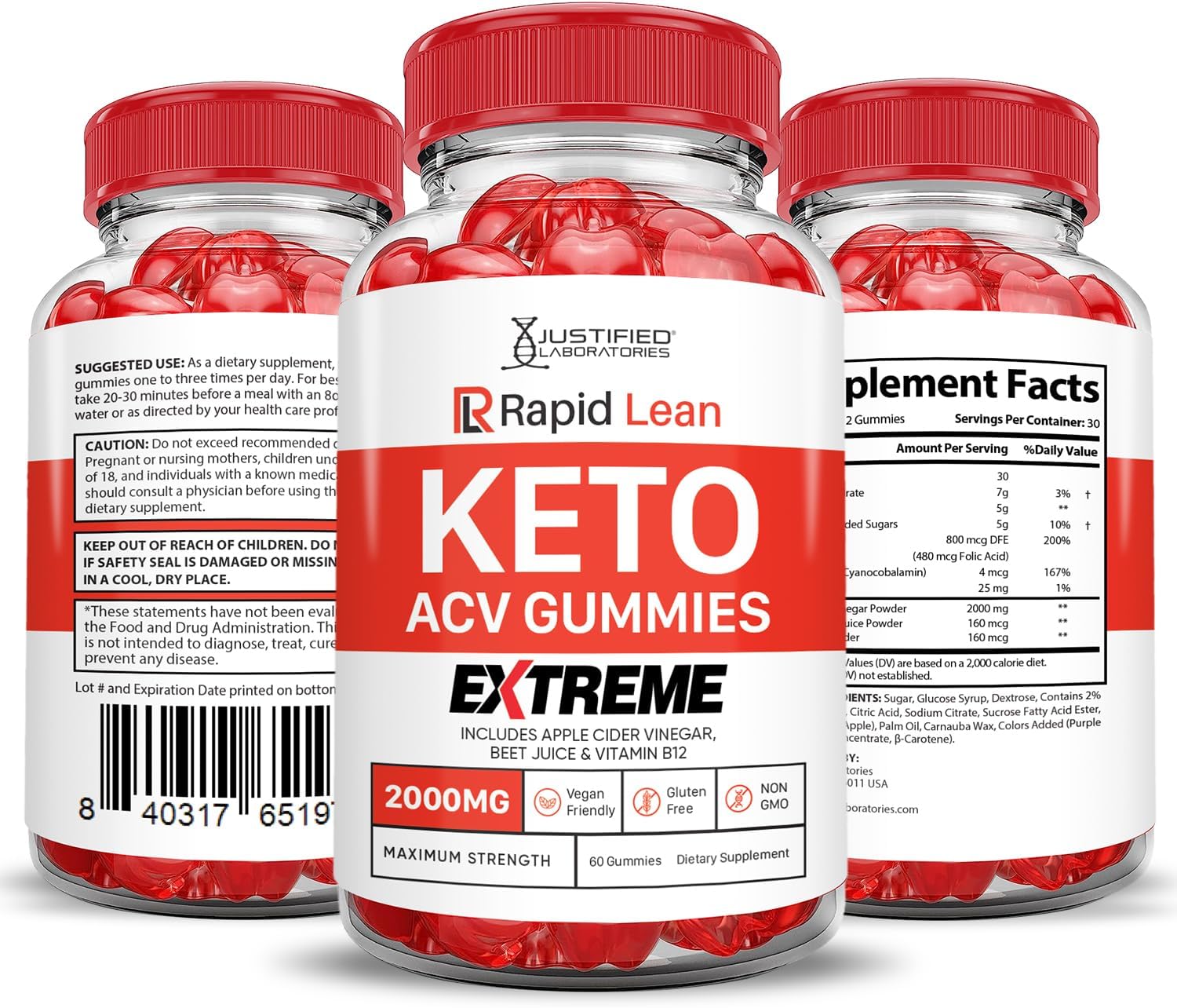 10 Pack Rapid Lean Keto ACV Gummies 2000MG with Pomegranate Beet Juice B12 - Vegan & Non GMO