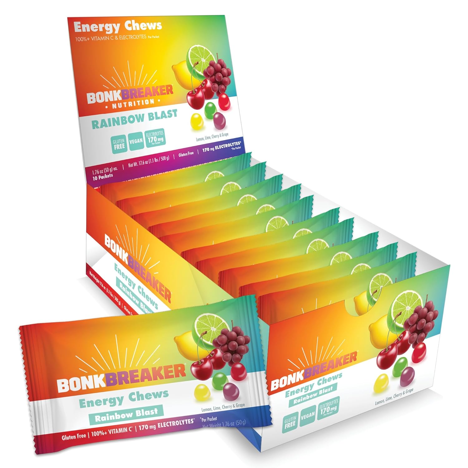 10 Packets of Bonk Breaker Rainbow Blast Energy Chews with Dairy-Free, Gluten-Free Ingredients for Quick Energy and Focus