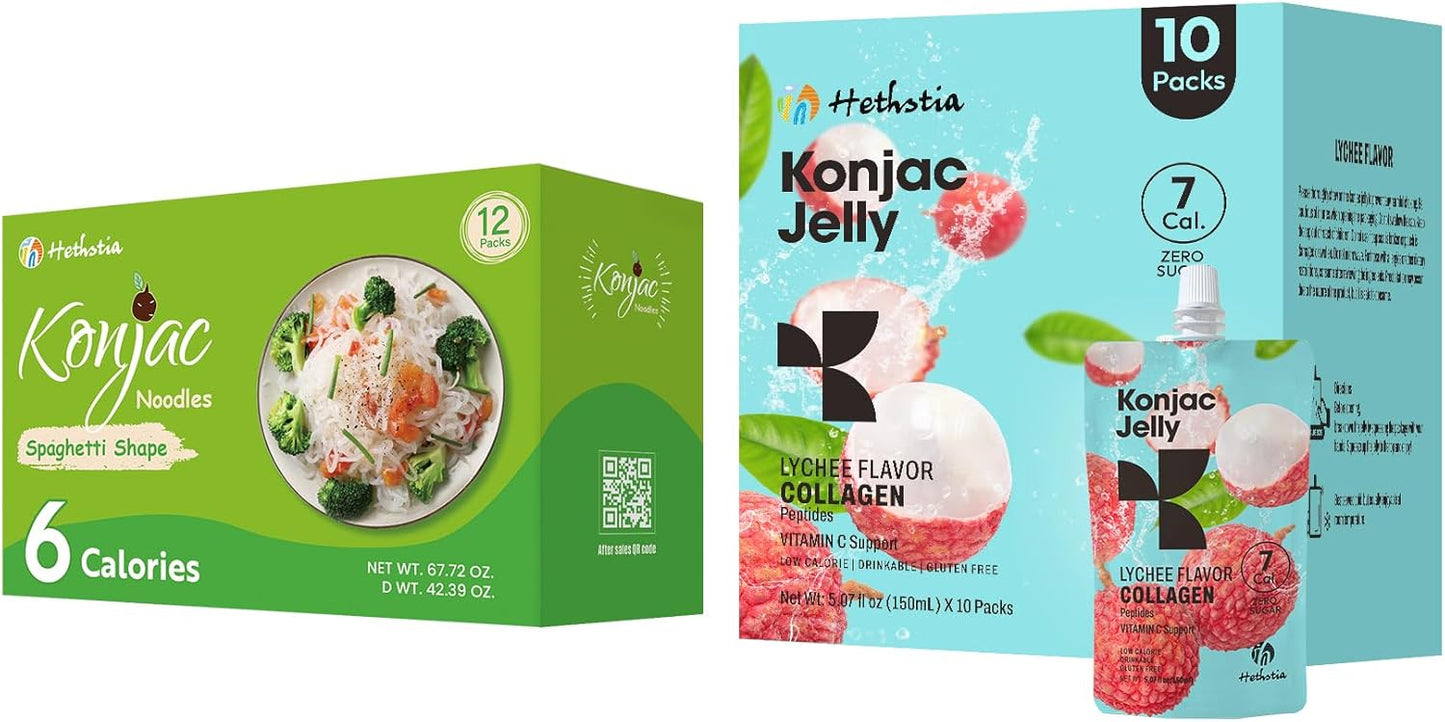 10 Packs Hethstia Konjac Jelly Lychee Flavor & Collagen Peptides + 12 Gluten Free Konjac Spaghetti Packs - Low Calorie, Keto, Sugar Free & Healthy