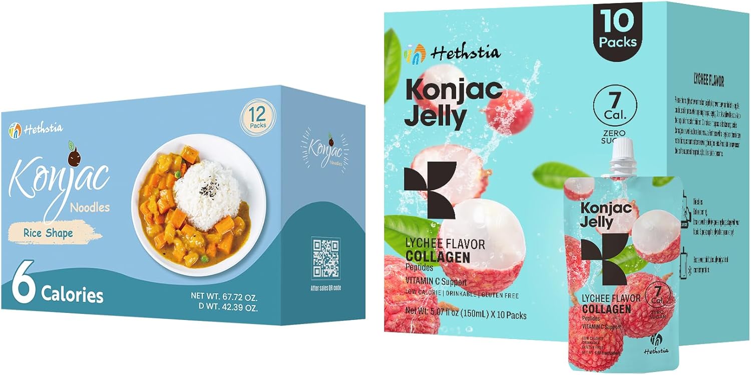 10 Packs Hethstia Konjac Jelly Lychee Flavor with Collagen & 12 Packs Gluten-Free Konjac Rice - Low Calorie, Keto, Sugar-Free Healthy Food
