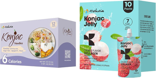 10 Packs Hethstia Konjac Jelly Lychie Flavor + 12 Packs Konjac Noodles Variety - Gluten Free, Low Calorie, Keto, Sugar Free, Healthy Food with Collagen Peptides