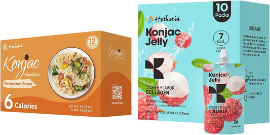 10 Packs of Hethstia Konjac Jelly Lychee Flavor with Collagen Peptides + 12 Packs of Gluten-Free Konjac Fettuccine: Low Calorie, Keto, Sugar-Free Healthy Food