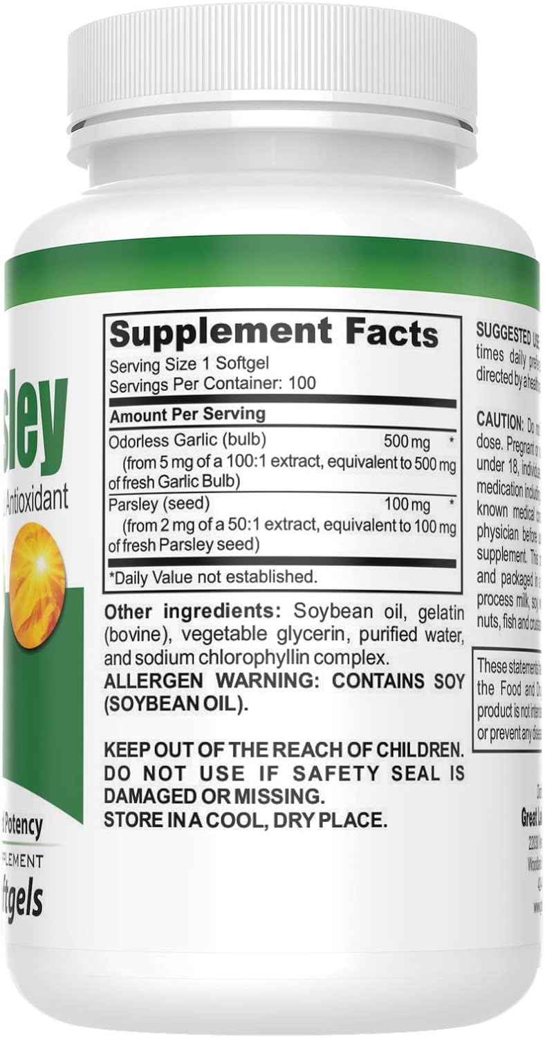 100 All-Natural Odorless Garlic and Parsley Detox Supplement Softgels by Great Lakes Nutrition