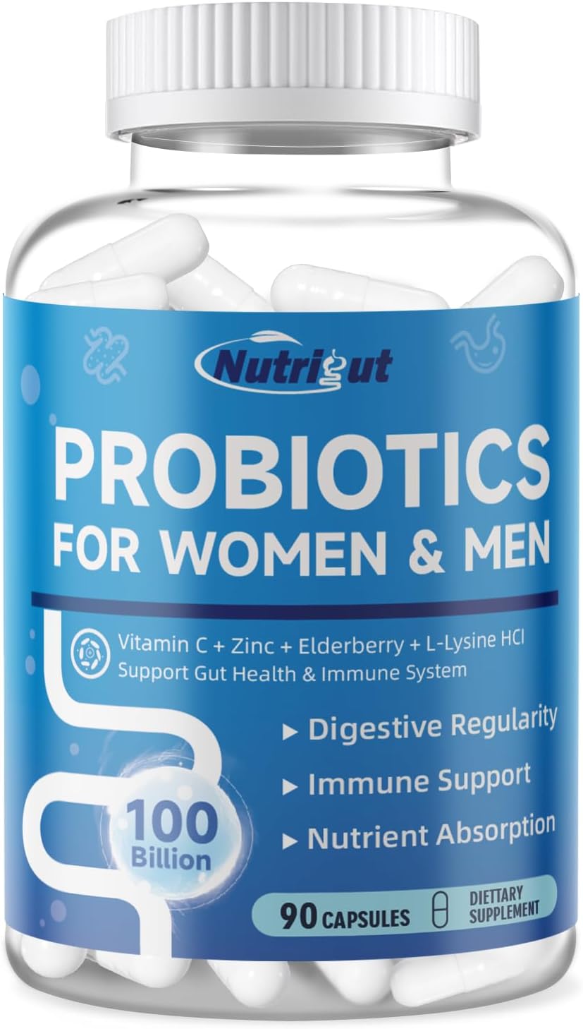 100 Billion CFU NutriGut Probiotics for Women and Men with Prebiotics - Immune and Digestive Support - 90 Veggie Capsules