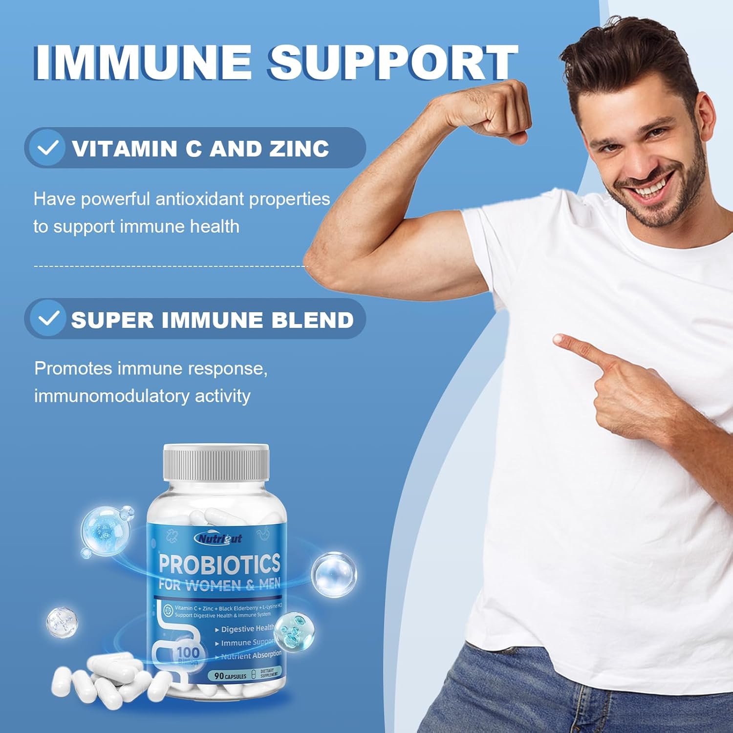 100 Billion CFU NutriGut Probiotics for Women and Men with Prebiotics - Immune and Digestive Support - 90 Veggie Capsules