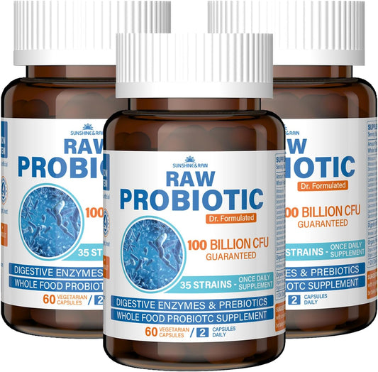 100 Billion CFU Raw Probiotic Supplement for Digestive & Immune Health - 35 Strains, Organic Prebiotics, Natural Enzymes - Men & Women - Non-GMO, Vegan - 180 Capsules