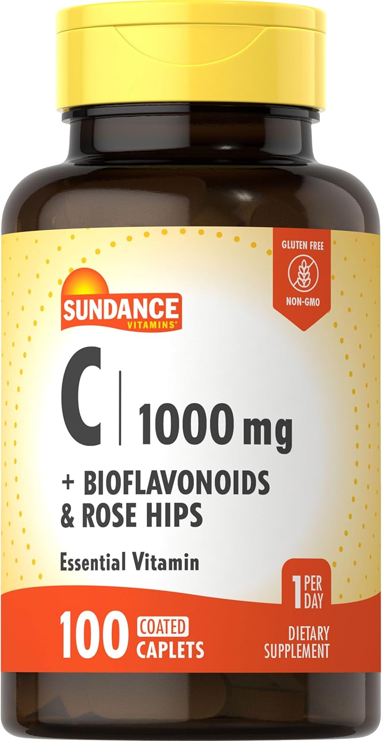 100 Caplets of Sundance Vitamin C with Bioflavonoids & Rose Hips - 1000mg, Vegetarian, Non-GMO, Gluten Free Supplement