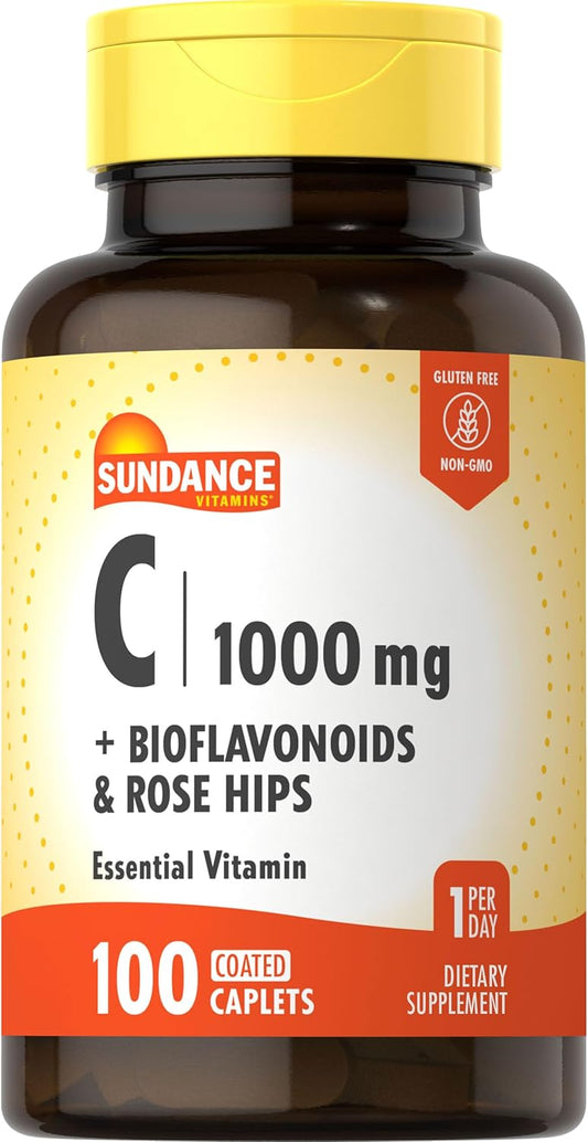 100 Caplets of Sundance Vitamin C with Bioflavonoids & Rose Hips - 1000mg, Vegetarian, Non-GMO, Gluten Free Supplement