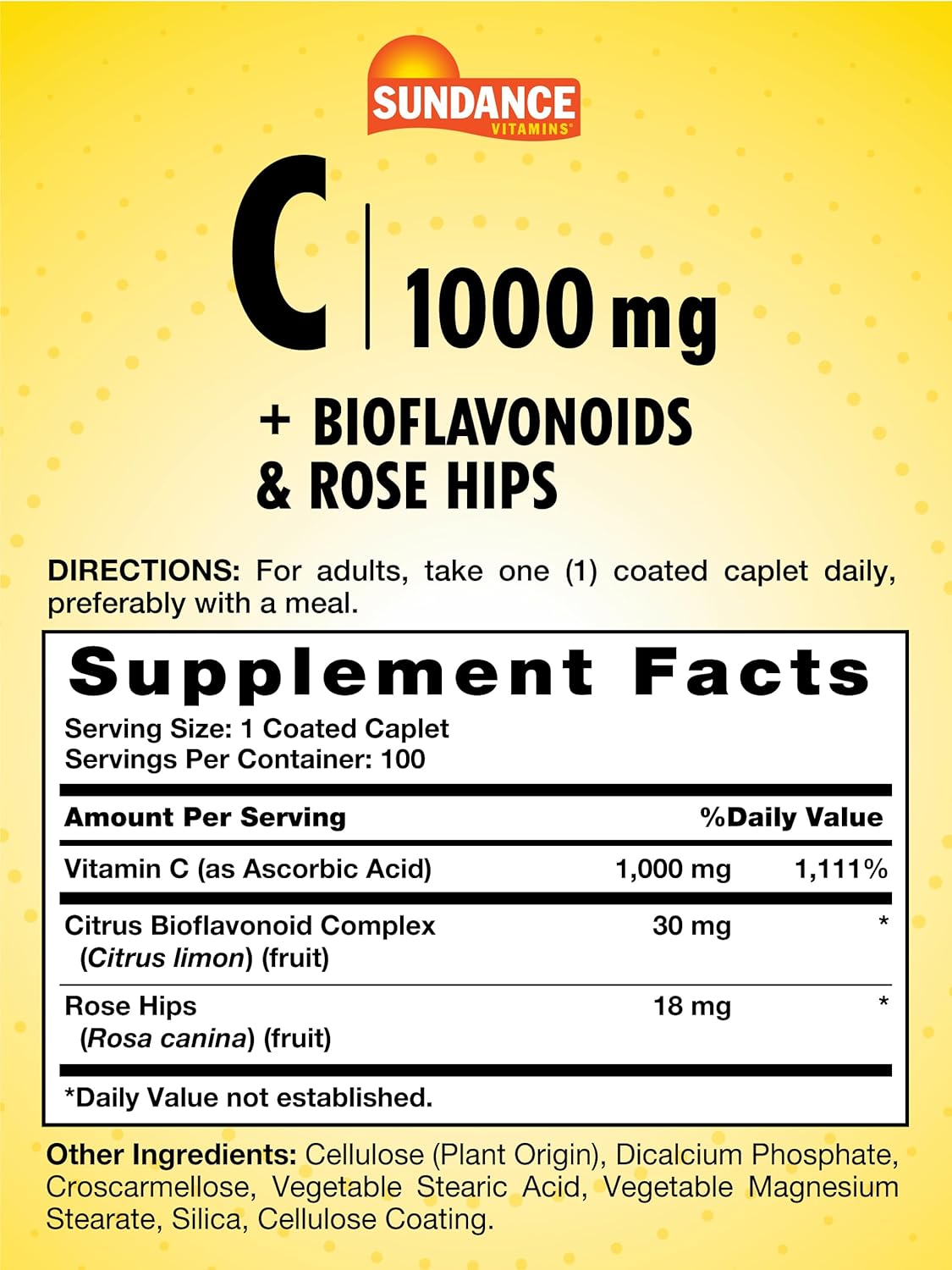 100 Caplets of Sundance Vitamin C with Bioflavonoids & Rose Hips - 1000mg, Vegetarian, Non-GMO, Gluten Free Supplement