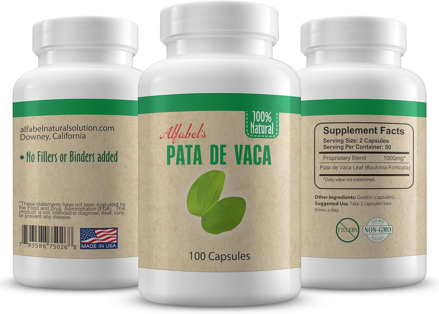 100 Capsules Alfabel Natural Pata de Vaca Herb - Cow's Foot Leaves Supplement without Fillers