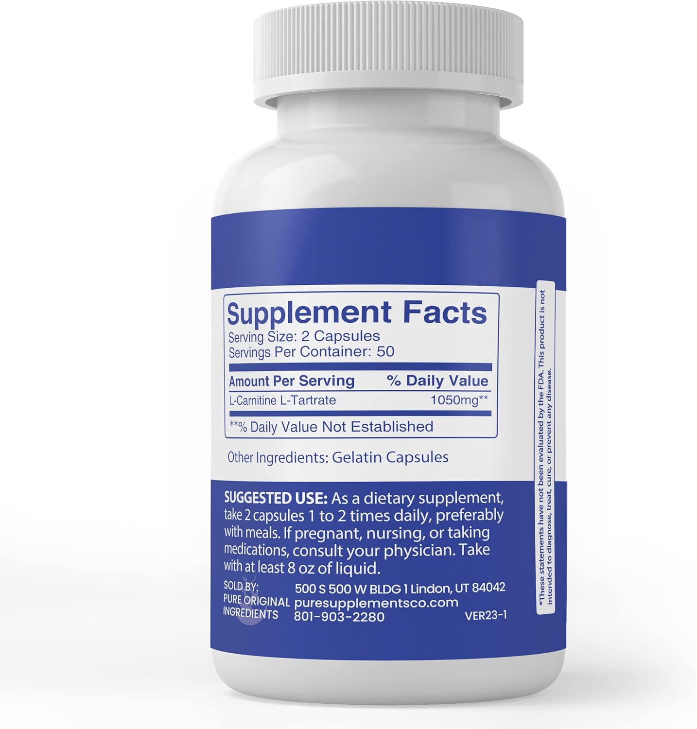 100 Capsules L-Carnitine L-Tartrate - Pure Original Ingredients, Lab Verified, No Fillers or Additives