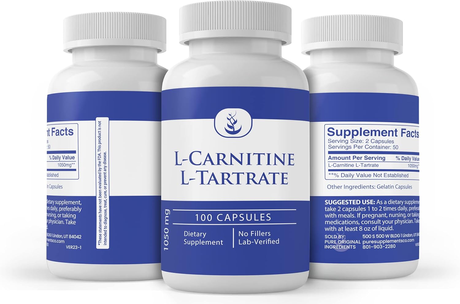 100 Capsules L-Carnitine L-Tartrate - Pure Original Ingredients, Lab Verified, No Fillers or Additives