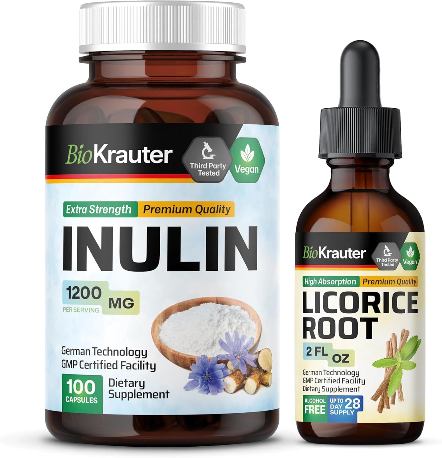 100 Capsules of BIO KRAUTER Inulin with 2 Fl. Oz. Licorice Root Tincture - Digestive Health Supplement