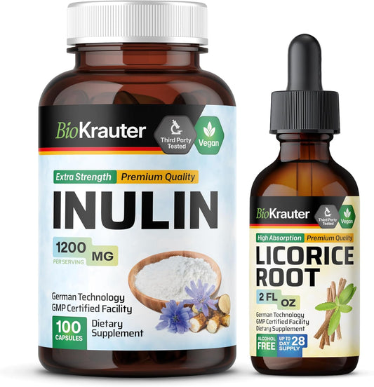 100 Capsules of BIO KRAUTER Inulin with 2 Fl. Oz. Licorice Root Tincture - Digestive Health Supplement