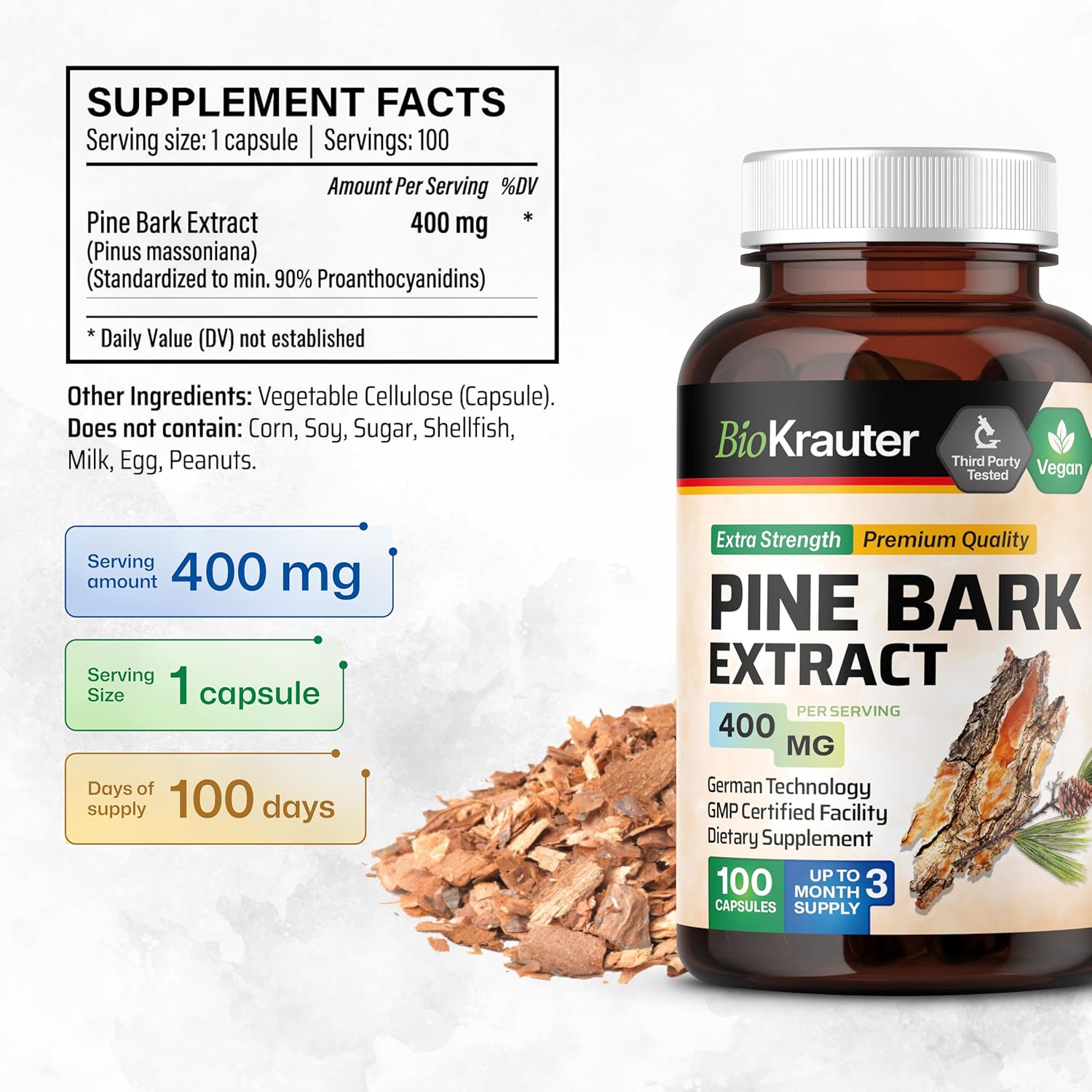 100 Capsules of BIO KRAUTER Pine Bark and Dan Shen Herbal Supplements