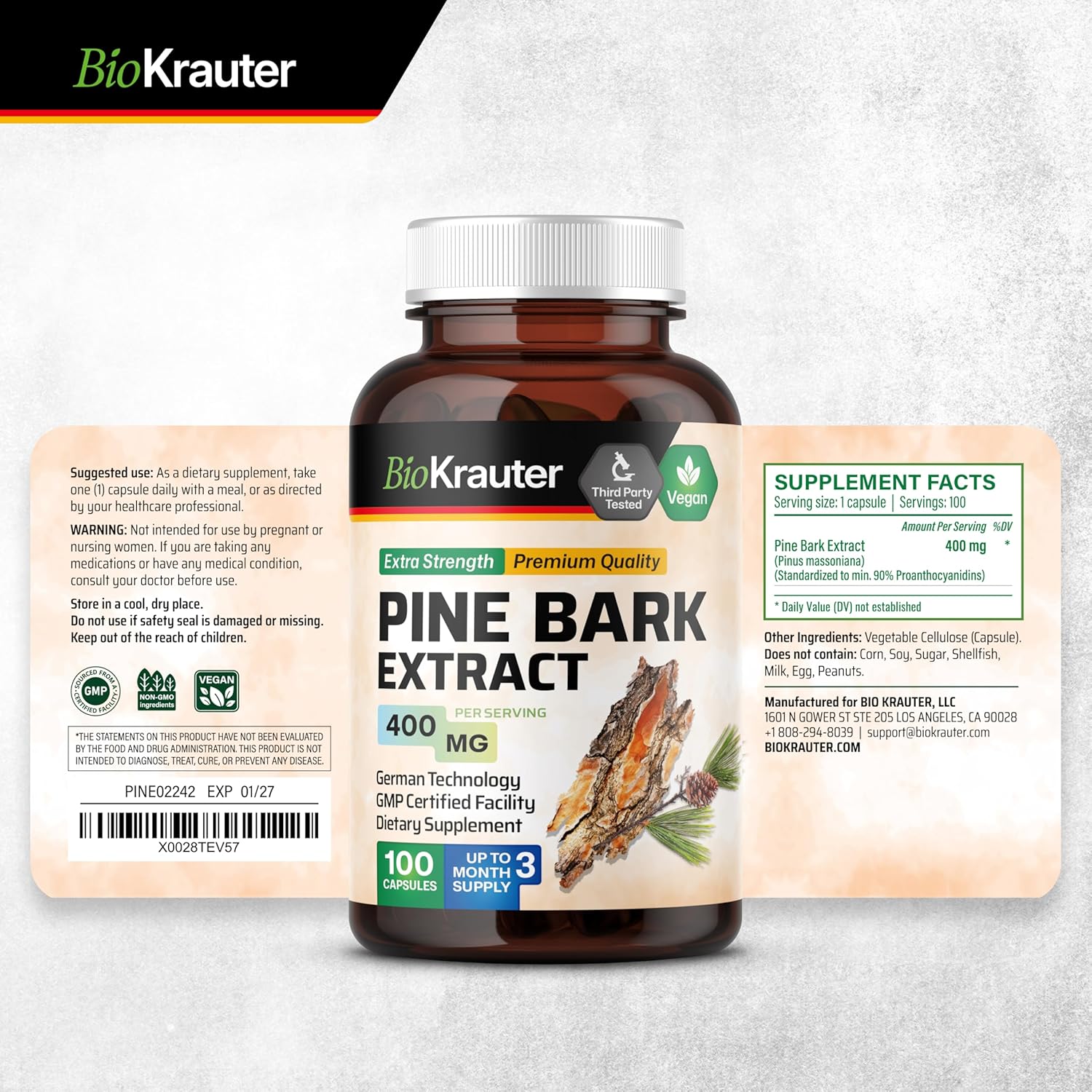 100 Capsules of BIO KRAUTER Pine Bark and Dan Shen Herbal Supplements