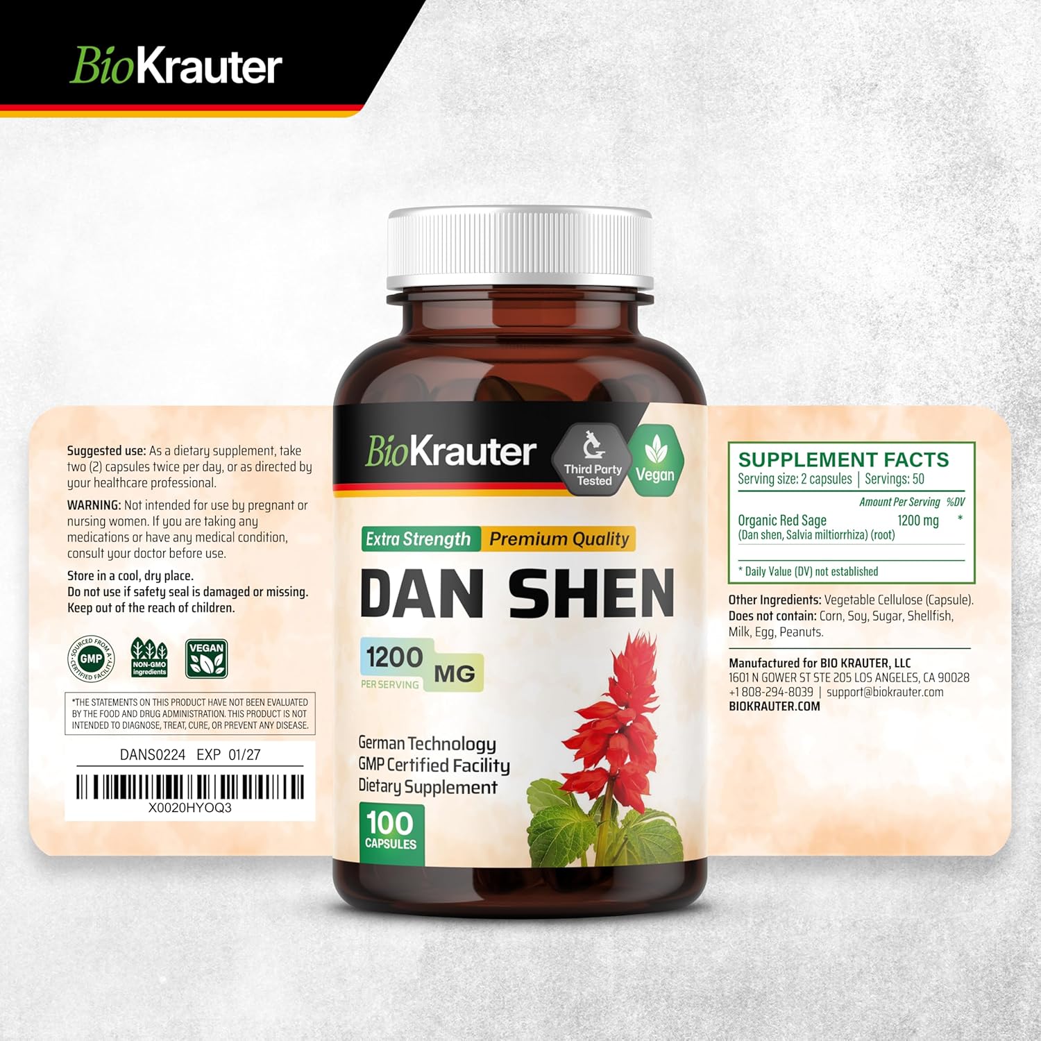 100 Capsules of BIO KRAUTER Pine Bark and Dan Shen Herbal Supplements
