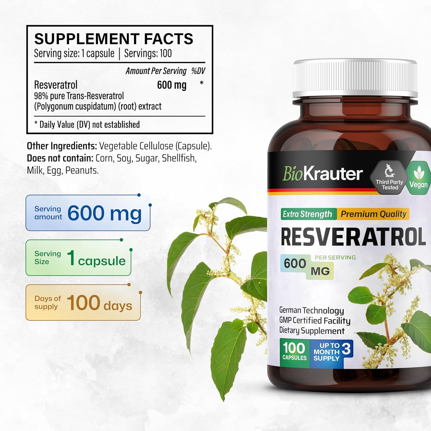 100 Capsules of BIO KRAUTER Resveratrol and Goldenseal Supplement Pack