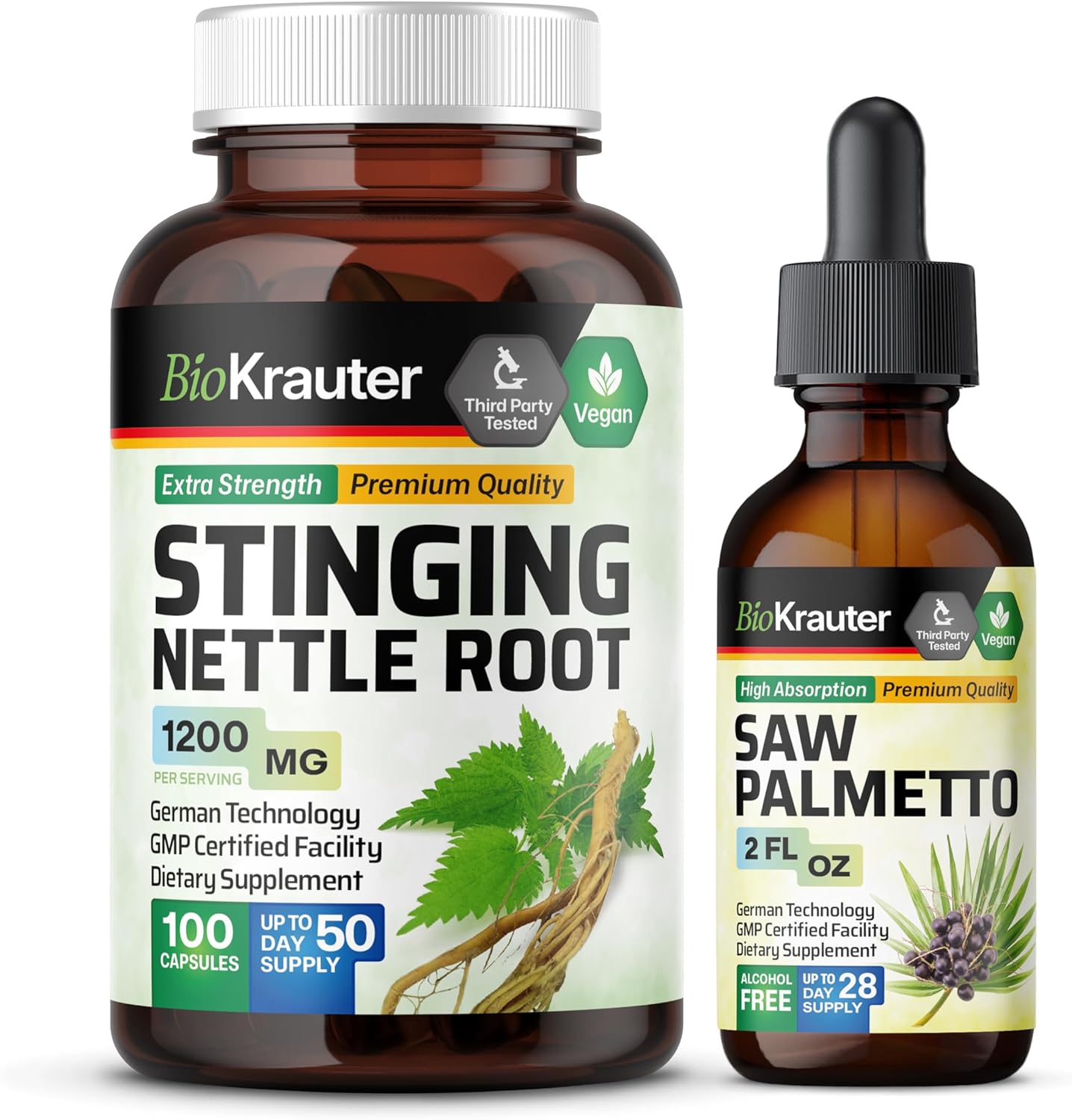 100 Capsules of BIO KRAUTER Stinging Nettle with 2 Fl. Oz of Saw Palmetto Tincture - Natural Supplements for Wellness