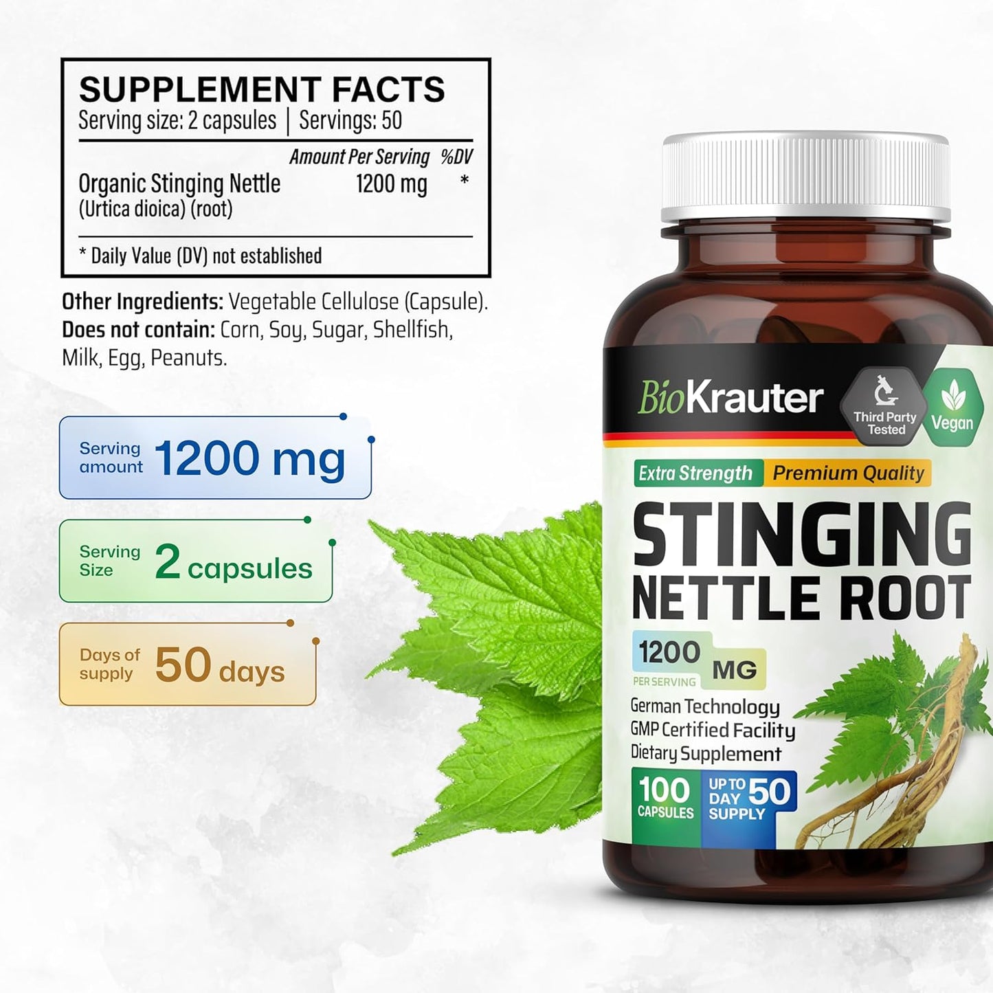 100 Capsules of BIO KRAUTER Stinging Nettle with 2 Fl. Oz of Saw Palmetto Tincture - Natural Supplements for Wellness