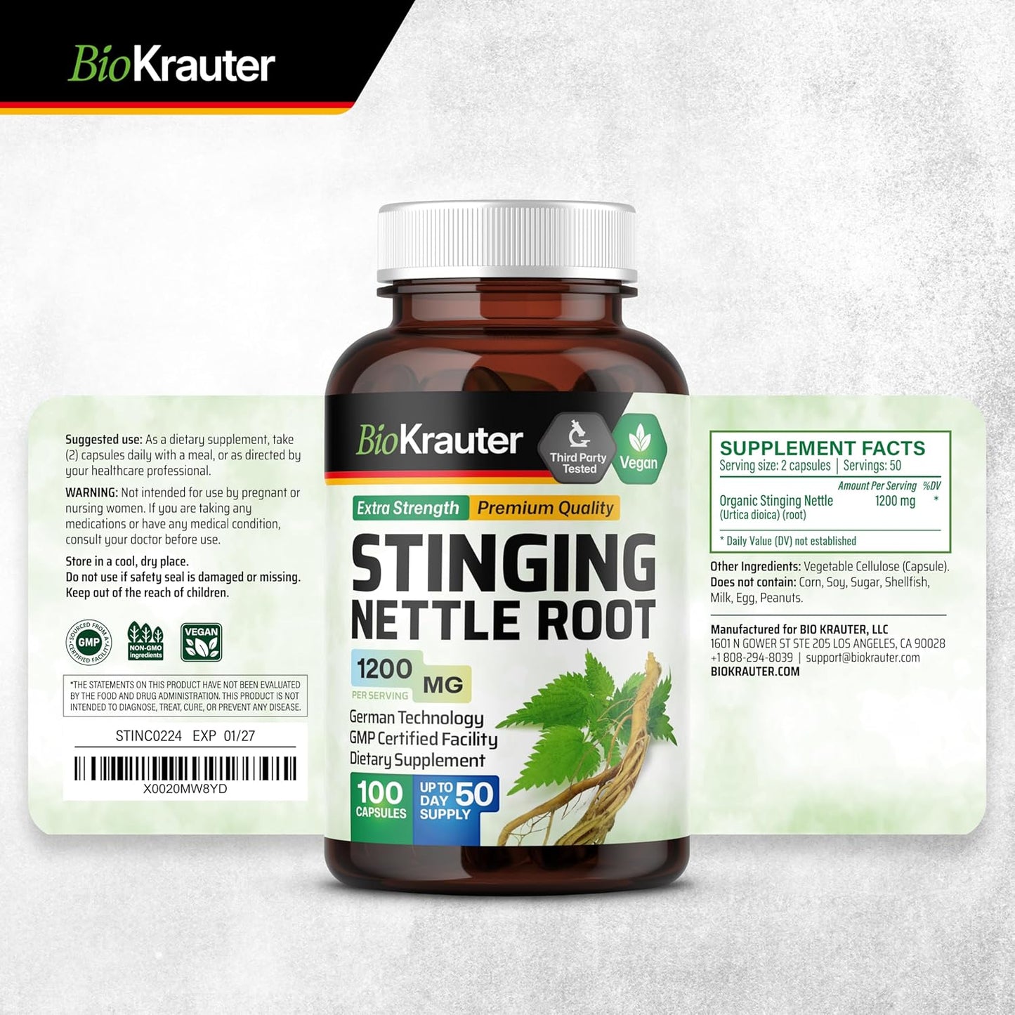 100 Capsules of BIO KRAUTER Stinging Nettle with 2 Fl. Oz of Saw Palmetto Tincture - Natural Supplements for Wellness