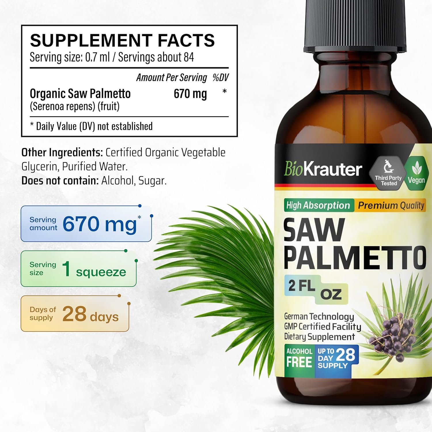 100 Capsules of BIO KRAUTER Stinging Nettle with 2 Fl. Oz of Saw Palmetto Tincture - Natural Supplements for Wellness