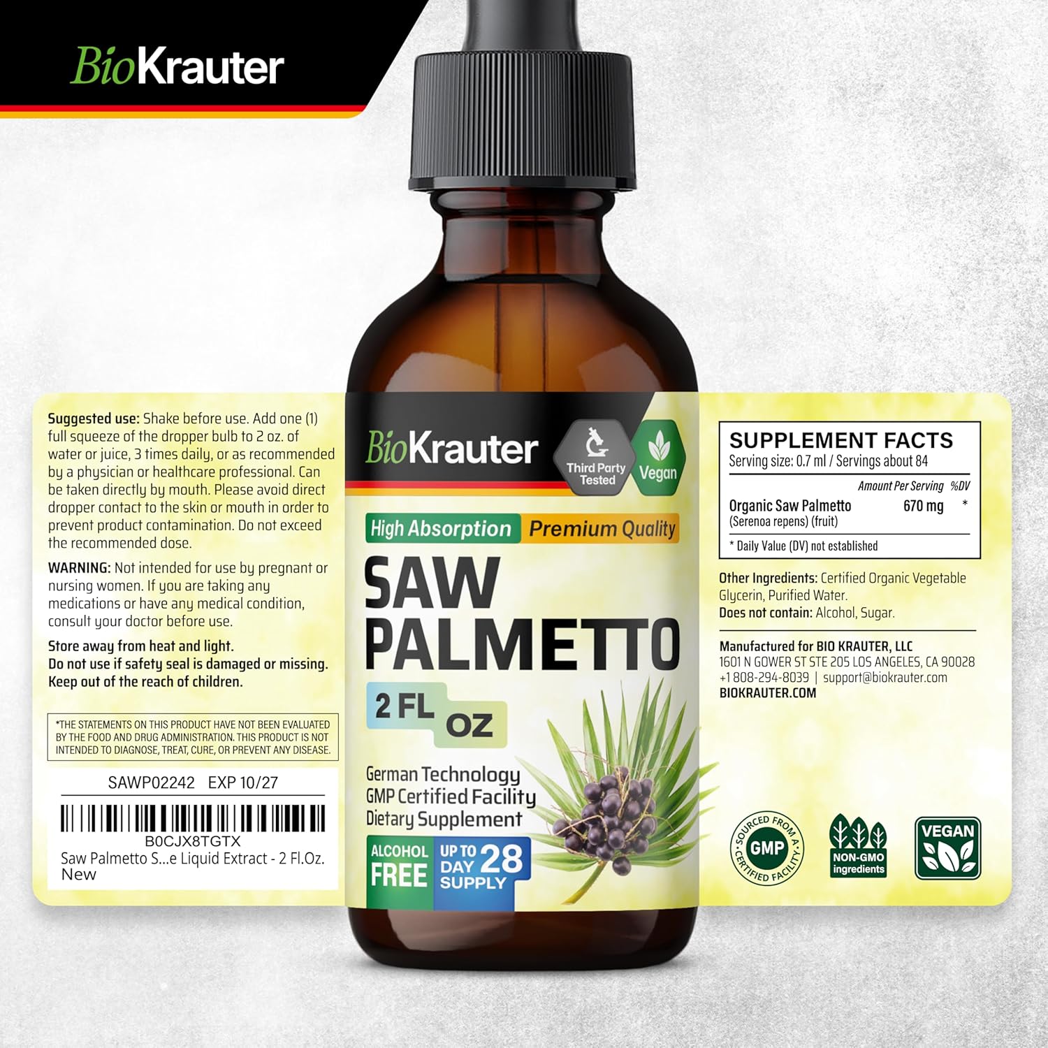 100 Capsules of BIO KRAUTER Stinging Nettle with 2 Fl. Oz of Saw Palmetto Tincture - Natural Supplements for Wellness