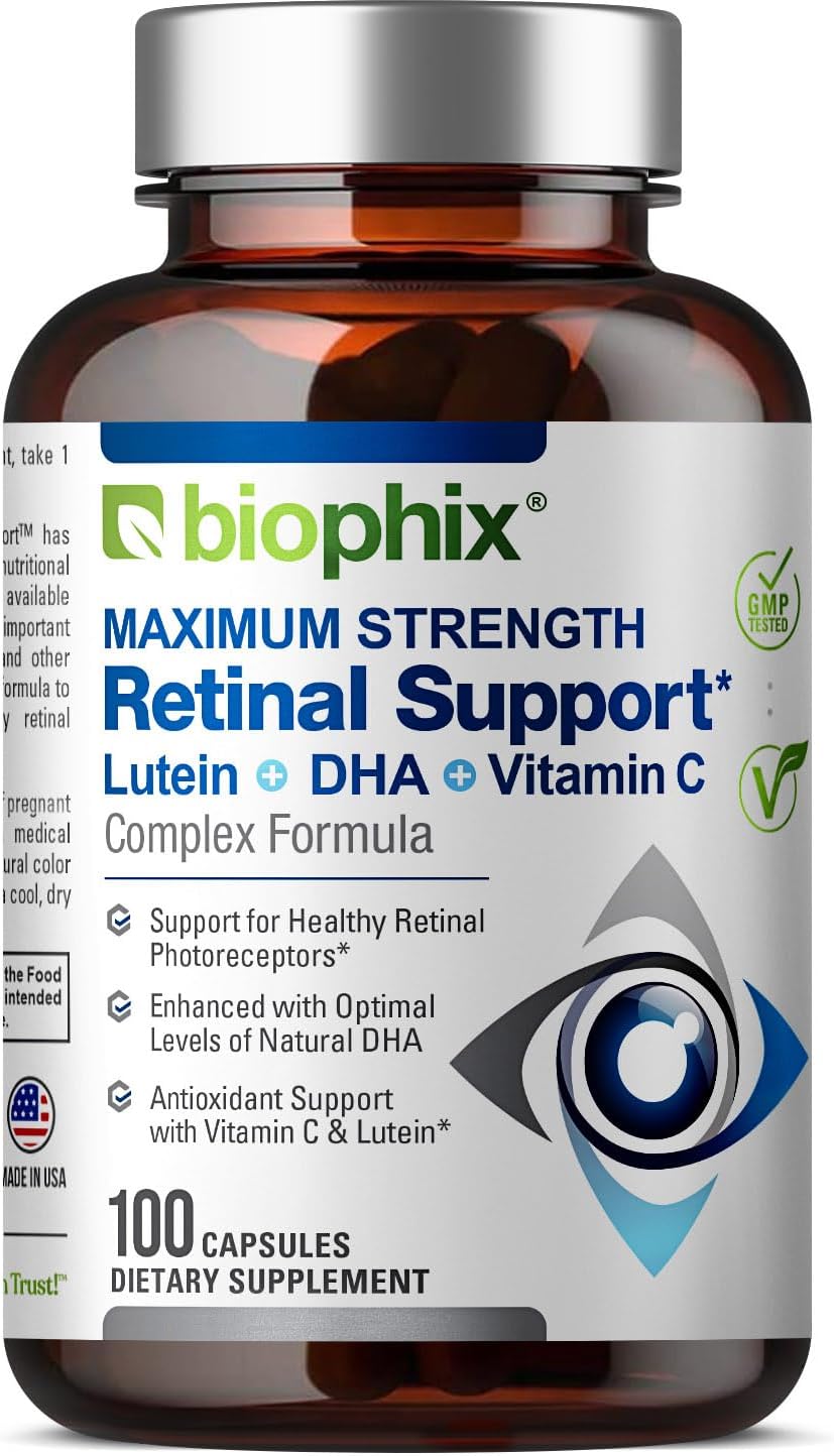 100 Capsules of biophix Maximum Strength Retinal Support Formula with Zinc, Vitamin C, E, Lutein, DHA, Omega-3, Astaxanthin, and Hyaluronic Acid for Eye Vision Health Support