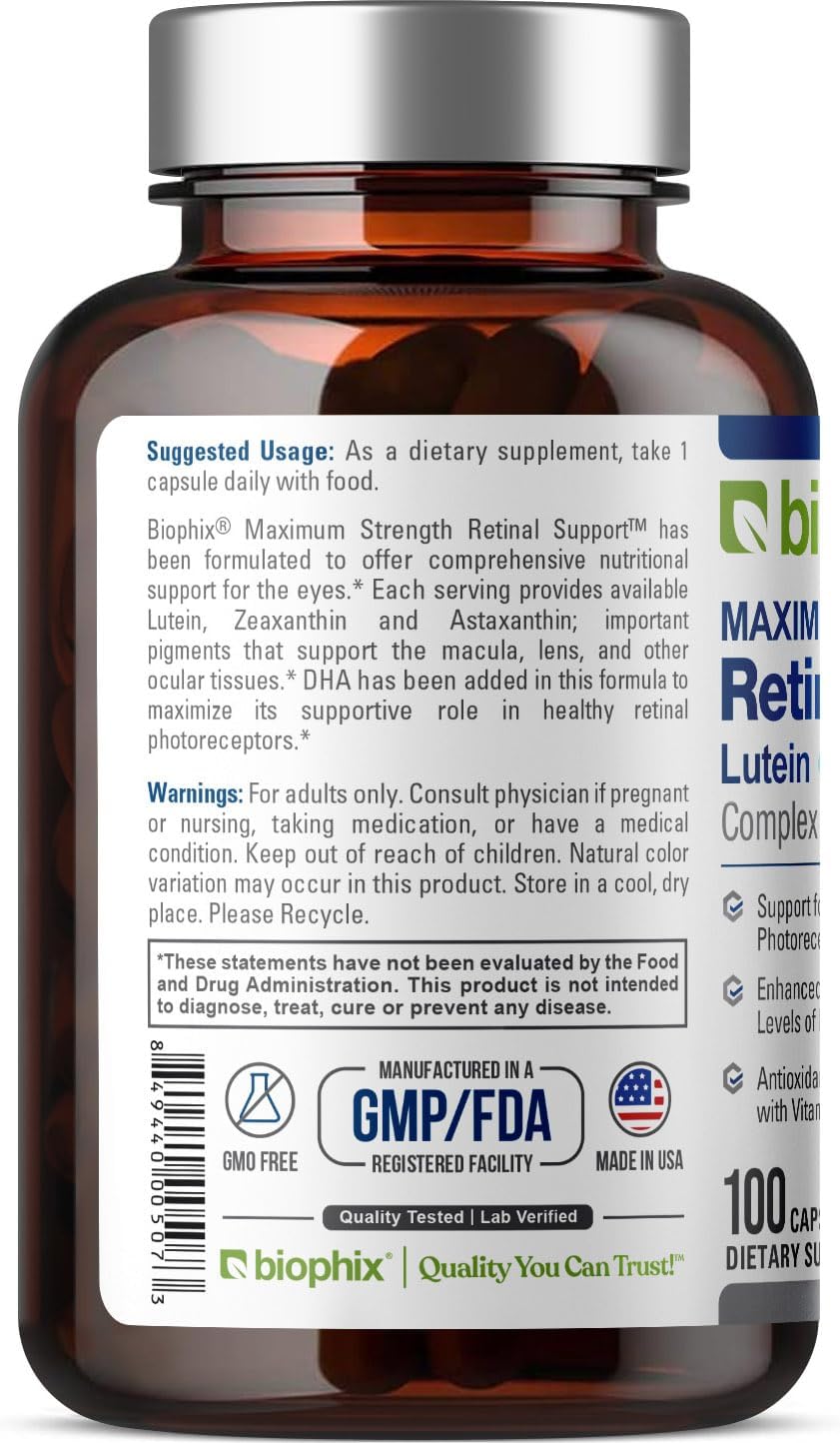 100 Capsules of biophix Maximum Strength Retinal Support Formula with Zinc, Vitamin C, E, Lutein, DHA, Omega-3, Astaxanthin, and Hyaluronic Acid for Eye Vision Health Support