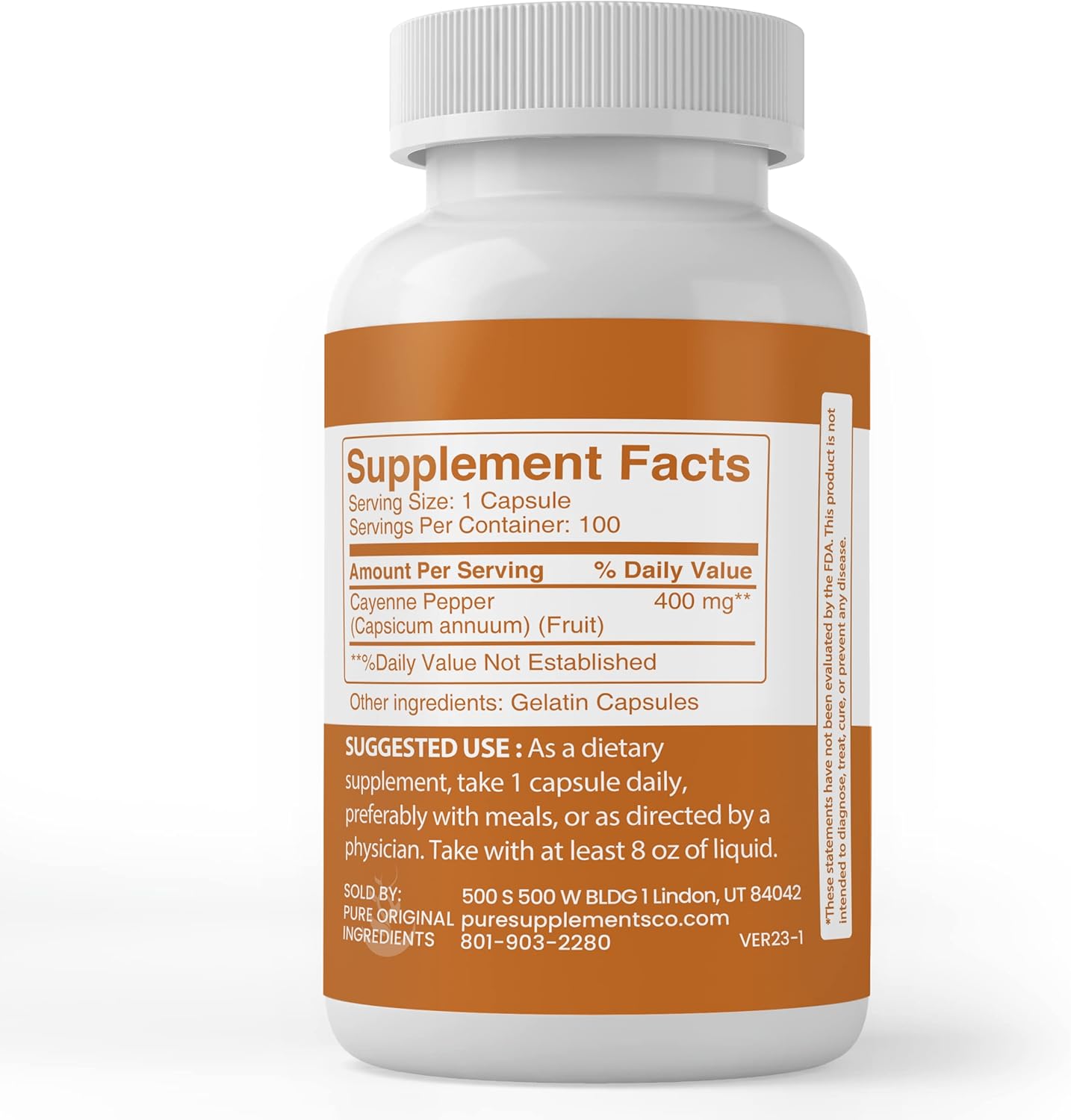 100 Capsules of Cayenne Pepper with Pure Original Ingredients, Always Additive-Free and Lab Verified