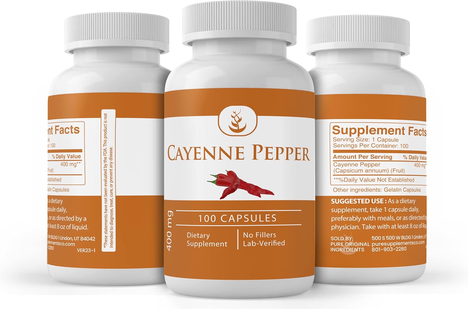 100 Capsules of Cayenne Pepper with Pure Original Ingredients, Always Additive-Free and Lab Verified