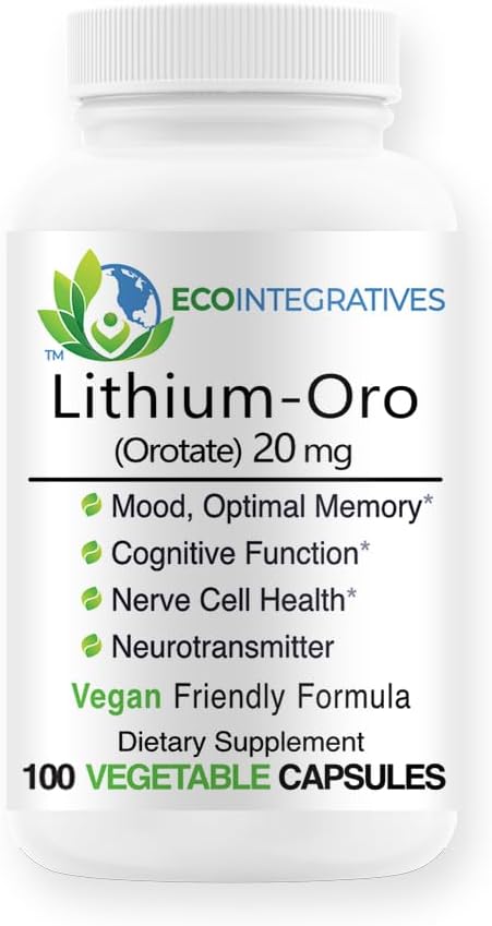 100 Capsules of EcoIntegratives Lithium Oro 20 mg for Emotional Wellness, Memory, and Behavior with Bioavailable Elemental Lithium Orotate