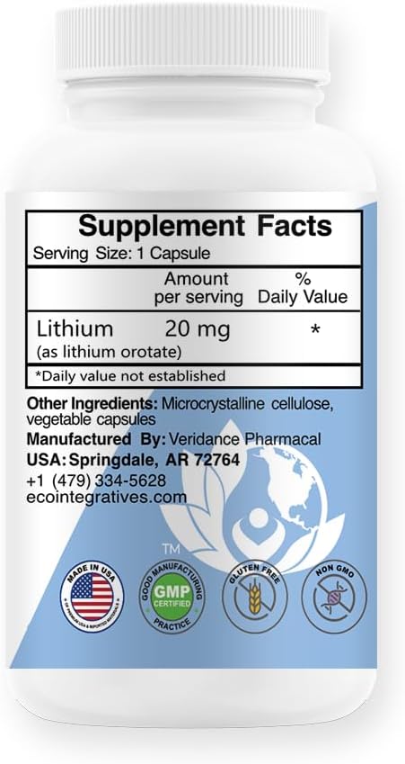 100 Capsules of EcoIntegratives Lithium Oro 20 mg for Emotional Wellness, Memory, and Behavior with Bioavailable Elemental Lithium Orotate