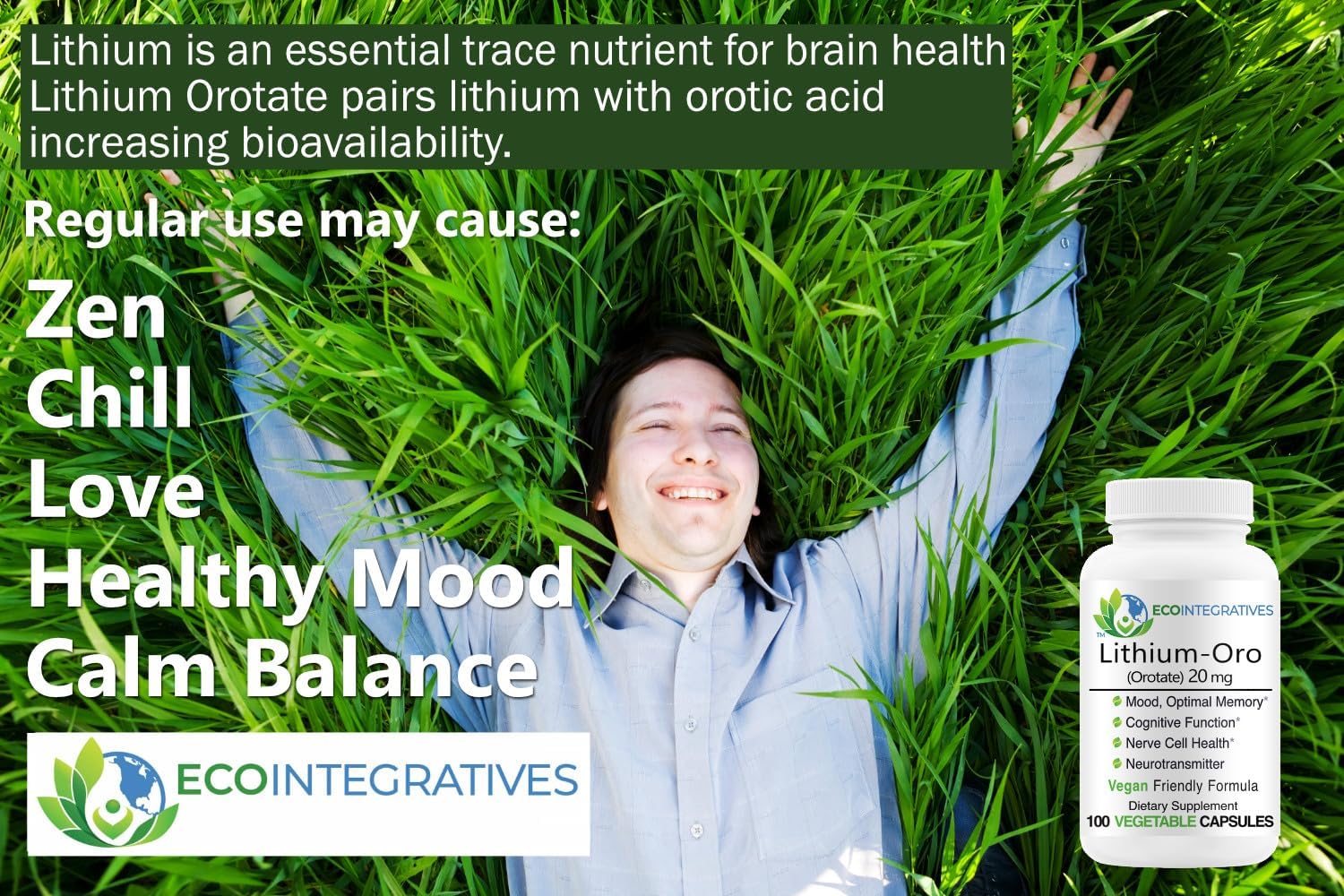 100 Capsules of EcoIntegratives Lithium Oro 20 mg for Emotional Wellness, Memory, and Behavior with Bioavailable Elemental Lithium Orotate