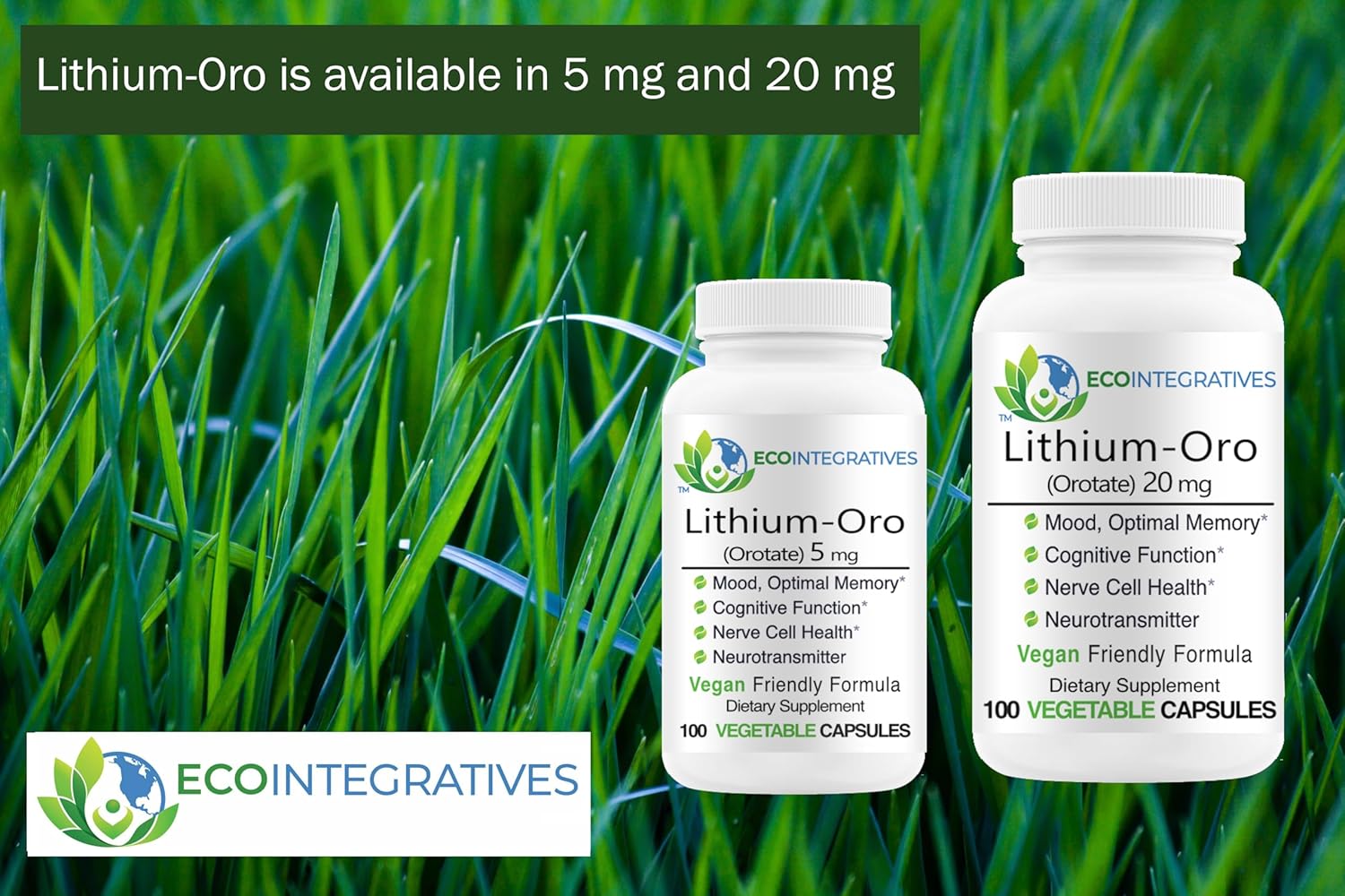 100 Capsules of EcoIntegratives Lithium Oro 20 mg for Emotional Wellness, Memory, and Behavior with Bioavailable Elemental Lithium Orotate