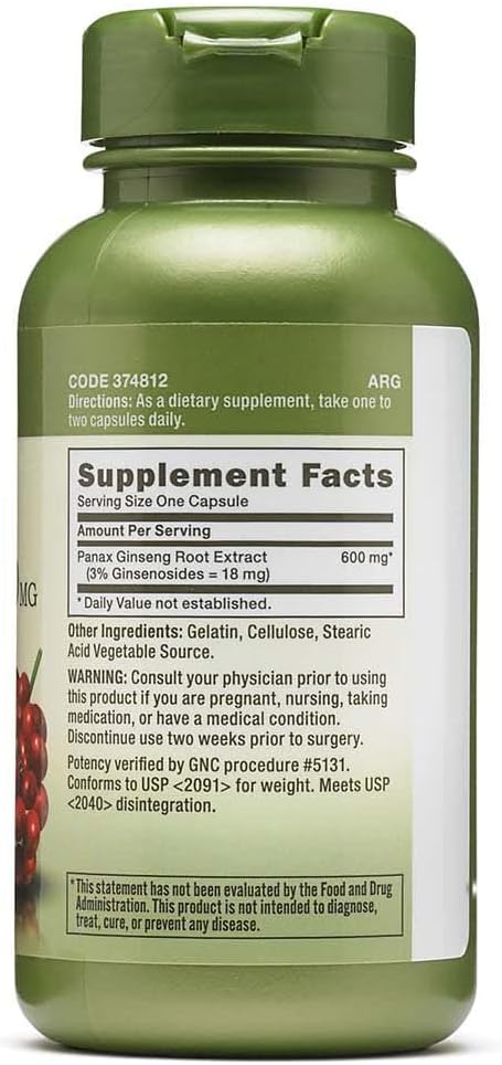 100 Capsules of GNC Herbal Plus Panax Ginseng 600mg for Enhanced Vitality