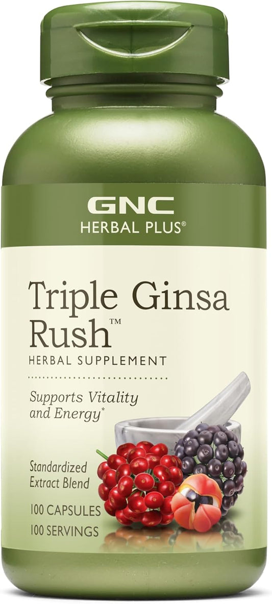 100 Capsules of GNC Herbal Plus Triple Ginsa Rush for Enhanced Vitality and Energy Boost